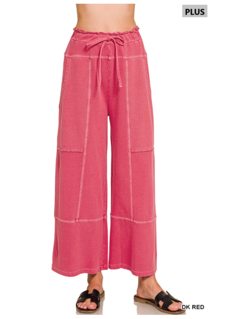1X - 3X 384 ❤️Zenana dark red PLUS FRENCH TERRY EXPOSED-SEAM WIDE LEG
PANTS